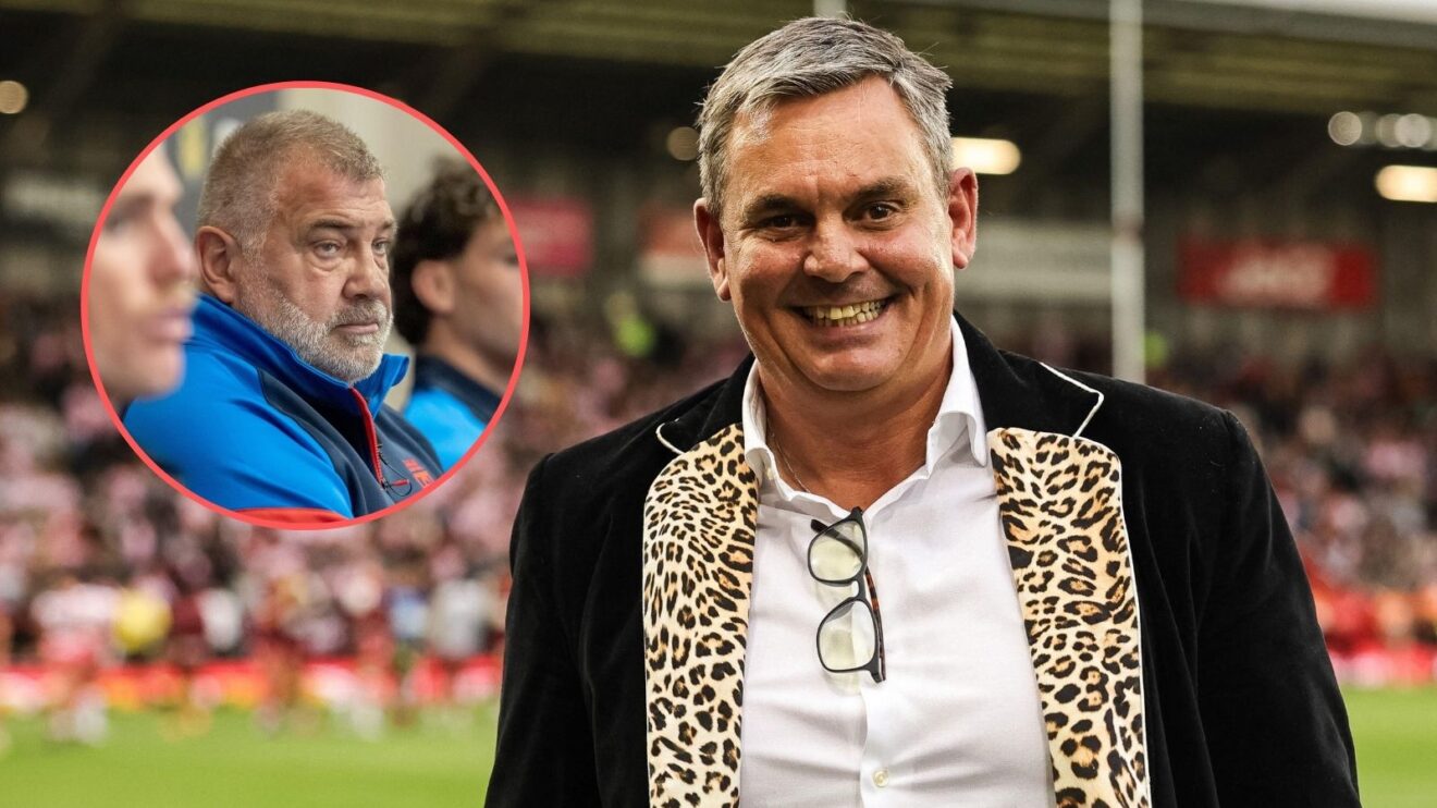 Derek Beaumont all smiles pitchside at the Leigh Sports Village, with an image of England head coach Shaun Wane overlayed in a circle to the left of the picture