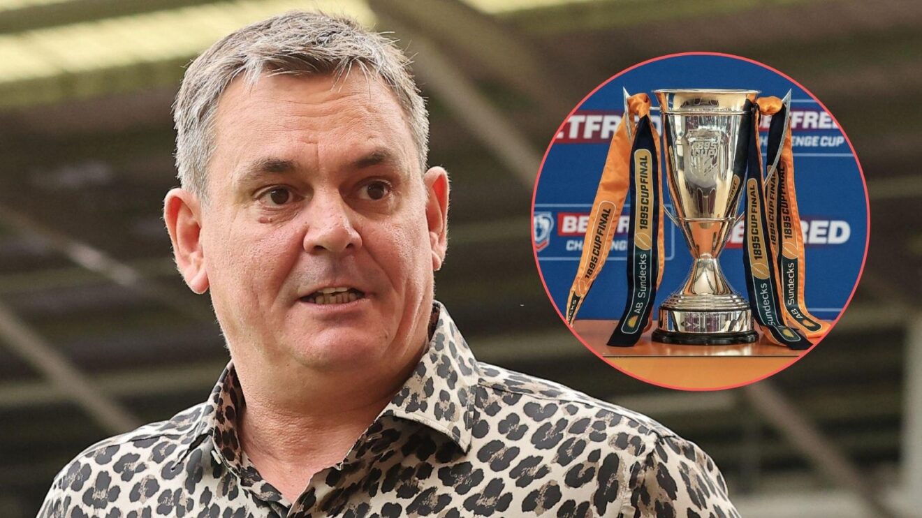 Derek Beaumont loos right towards an image of the 1895 Cup trophy in a circle which has been overlayed onto the picture