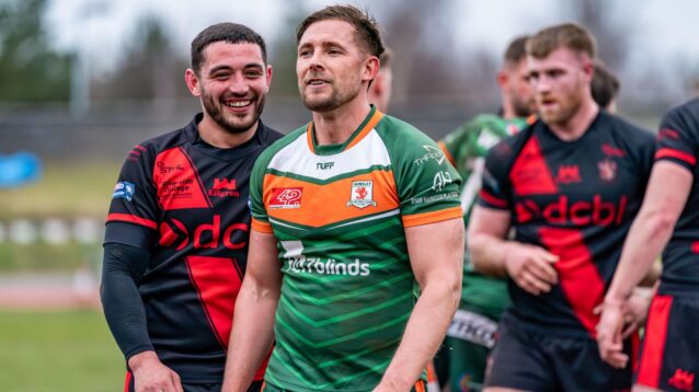 Dec Patton and Greg Eden share a joke during an 1895 Cup clash between Widnes Vikings and Hunslet in 2025