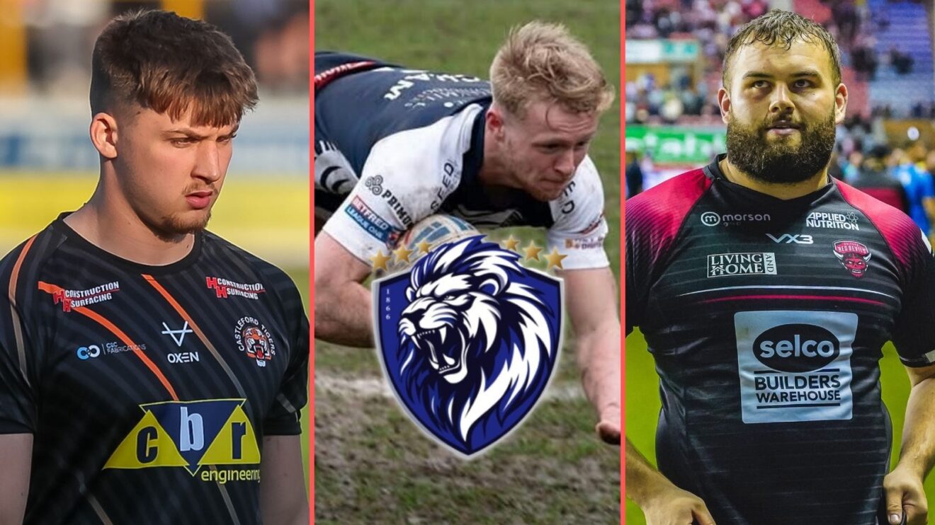 A three-panel image of Aaron Willis, Harry Higham and Charlie McCurrie with the Swinton Lions badge overlayed centrally