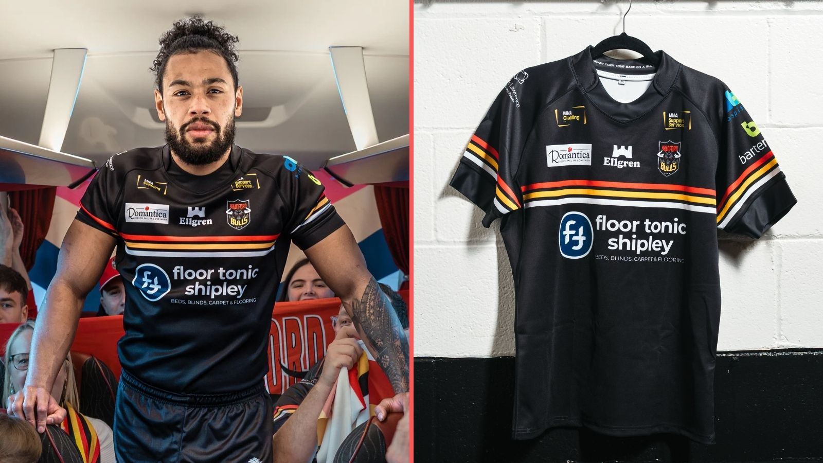 A split-screen image showing Bradford Bulls' away kit for 2026, being modelled by a player on the left and hung up in a changing room on the right