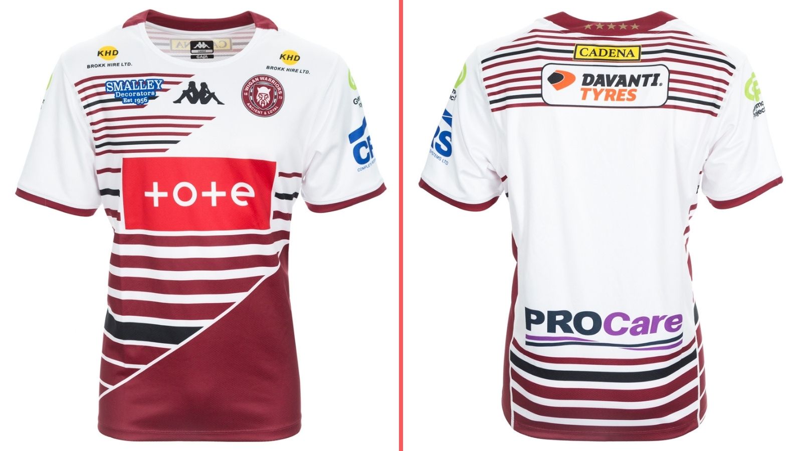A split-screen of Wigan Warriors' home kit for 2026, showing the front and back of the shirt