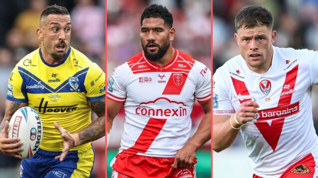 A three-way image of Paul Vaughan (Warrington Wolves), Kelepi Tanginoa (Hull KR) and Morgan Knowles (St Helens) in action in 2025