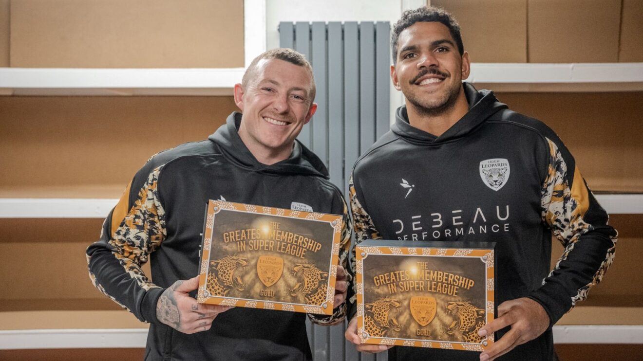 Leigh stars Josh Charnley and Jacob Alick-Wiencke pose with a pair of Gold Membership boxes they have prepared