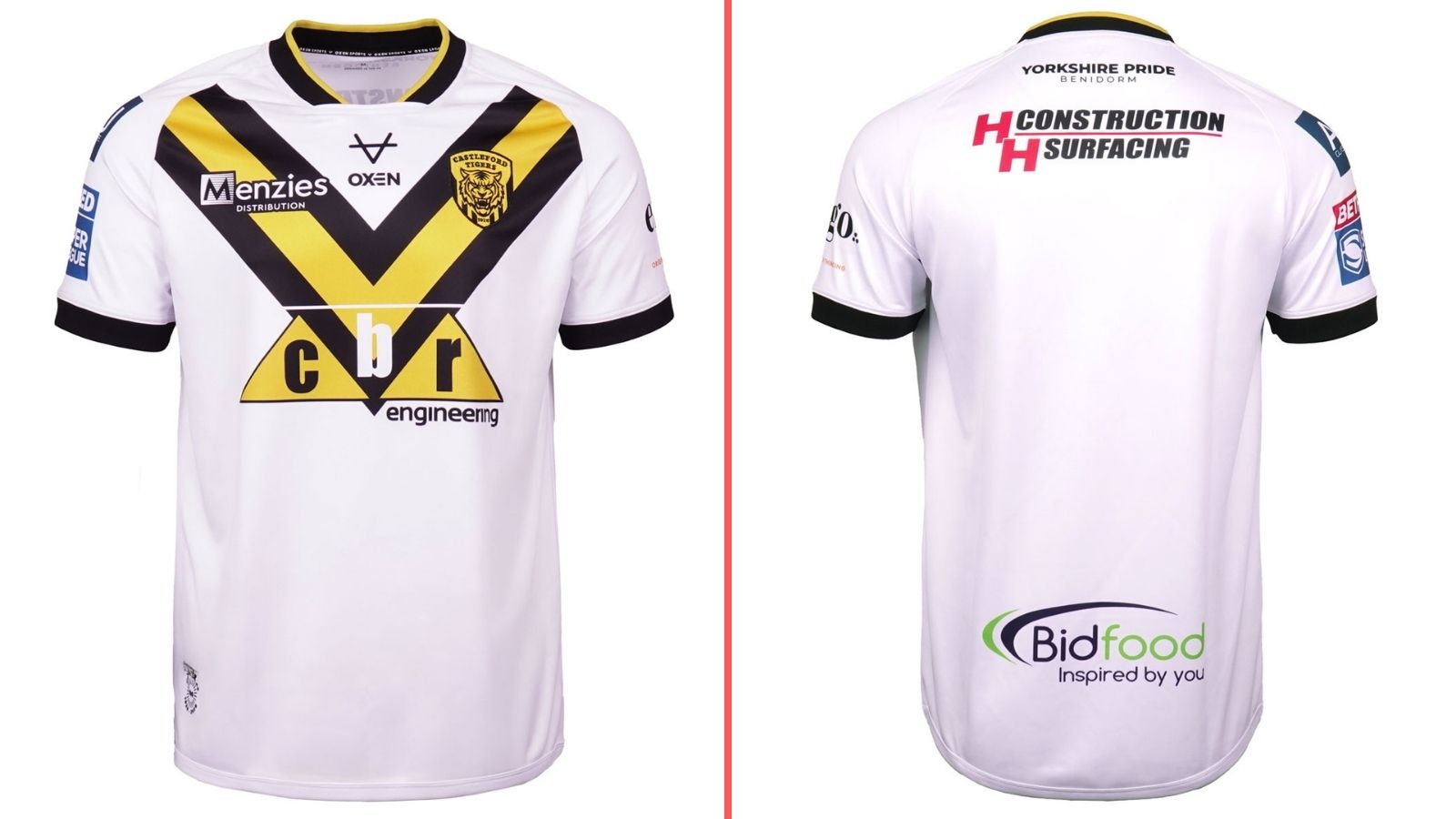 A split-screen of Castleford Tigers' away kit for 2026, showing the front and back of the shirt
