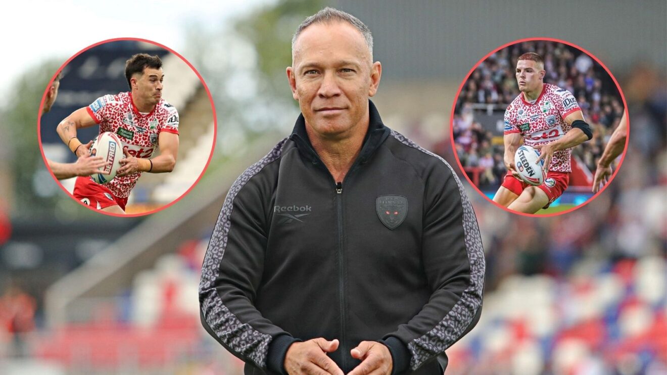 Leigh head coach Adrian Lam pictured with images of full-backs David Armstrong and Bailey Hodgson overlayed in circles on either side of his shoulders