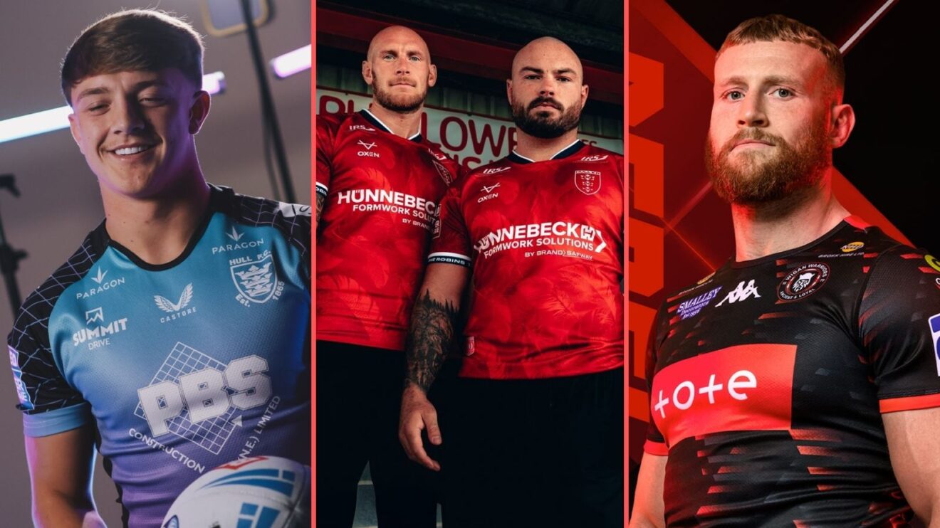 A three-way image using the promotional pictures from the 2026 alternate kit launches of Hull FC, Hull KR and Wigan Warriors