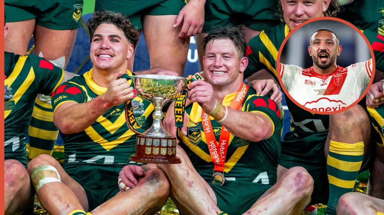 A two layered image of Kangaroos stars Harry Grant and Reece Walsh and Hull KR man Elliot Minchella