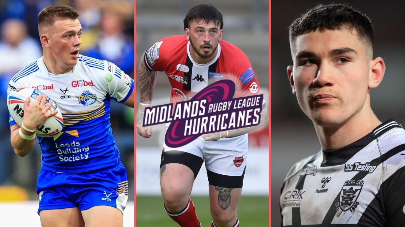 A three-way image of Callum McLelland, Ollie Roberts and Zach Jebson with the Midlands Hurricanes badge shown centrally over Roberts' torso