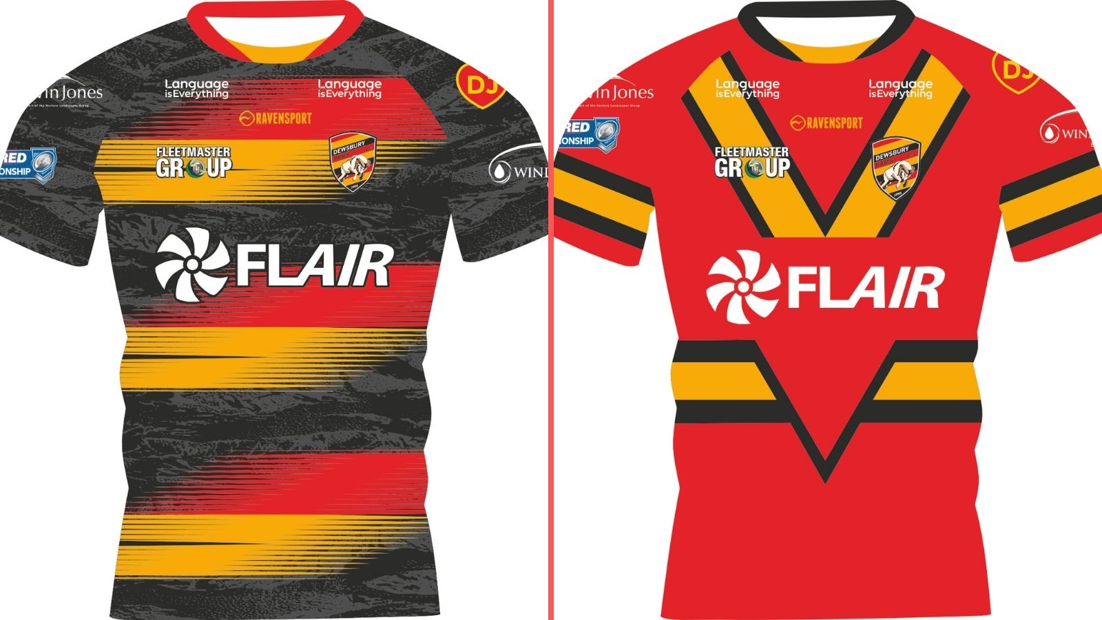 A split-screen image showing Dewsbury Rams' home and away kits for 2026