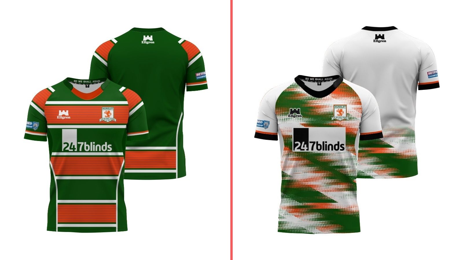 A split-screen image showing Hunslet's home and away kits for 2026