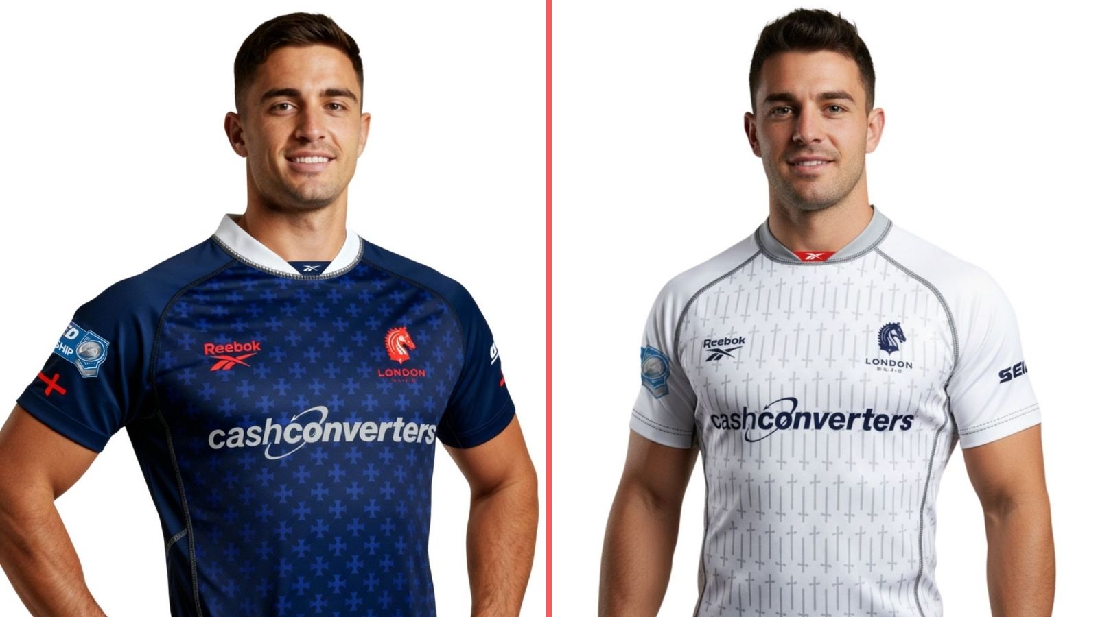 A split-screen image showing London Broncos' home and away kits for 2026