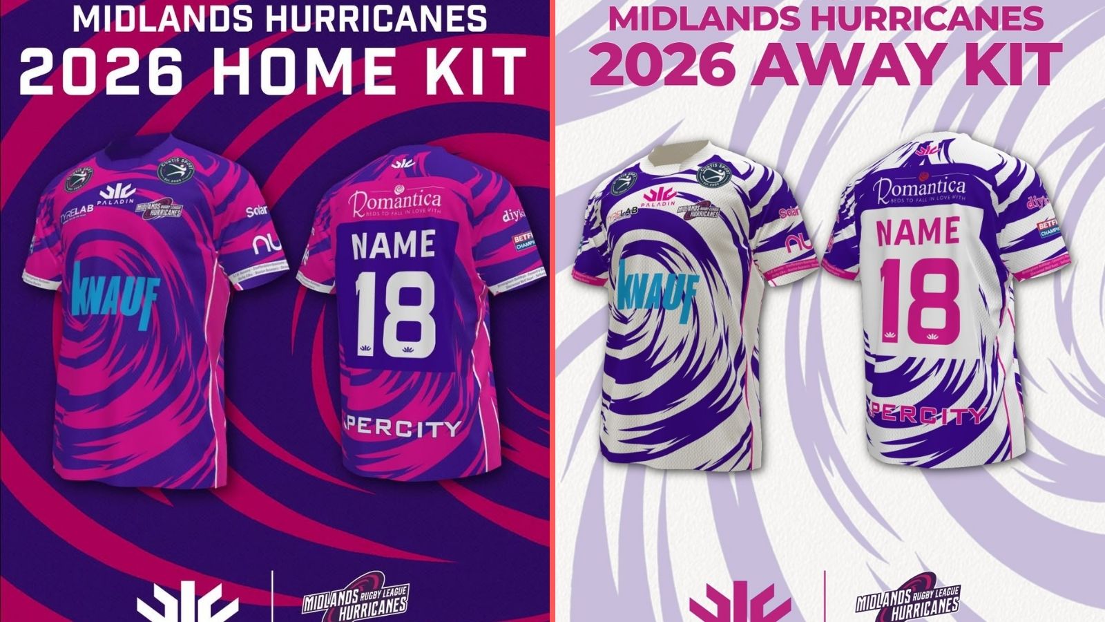 A split-screen showing Midlands Hurricanes' home and away kits for 2026