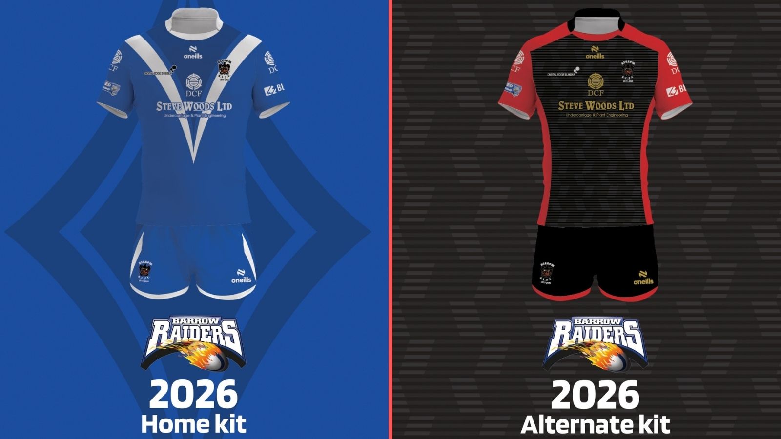 A split-screen showing Barrow Raiders' home and alternate kits for 2026