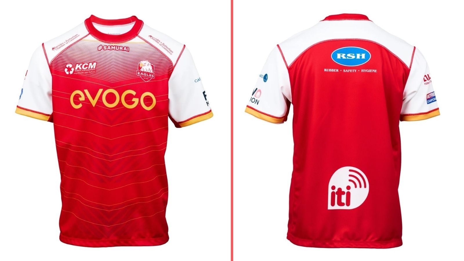 A split-screen showing the front and back of Sheffield Eagles' home kit for 2026