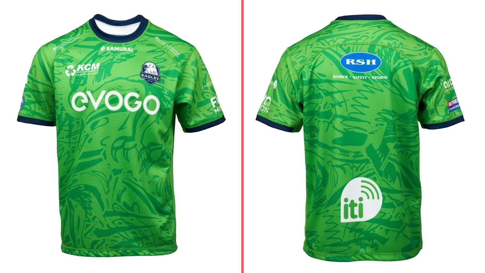 A split-screen showing the front and back of Sheffield Eagles' away kit for 2026