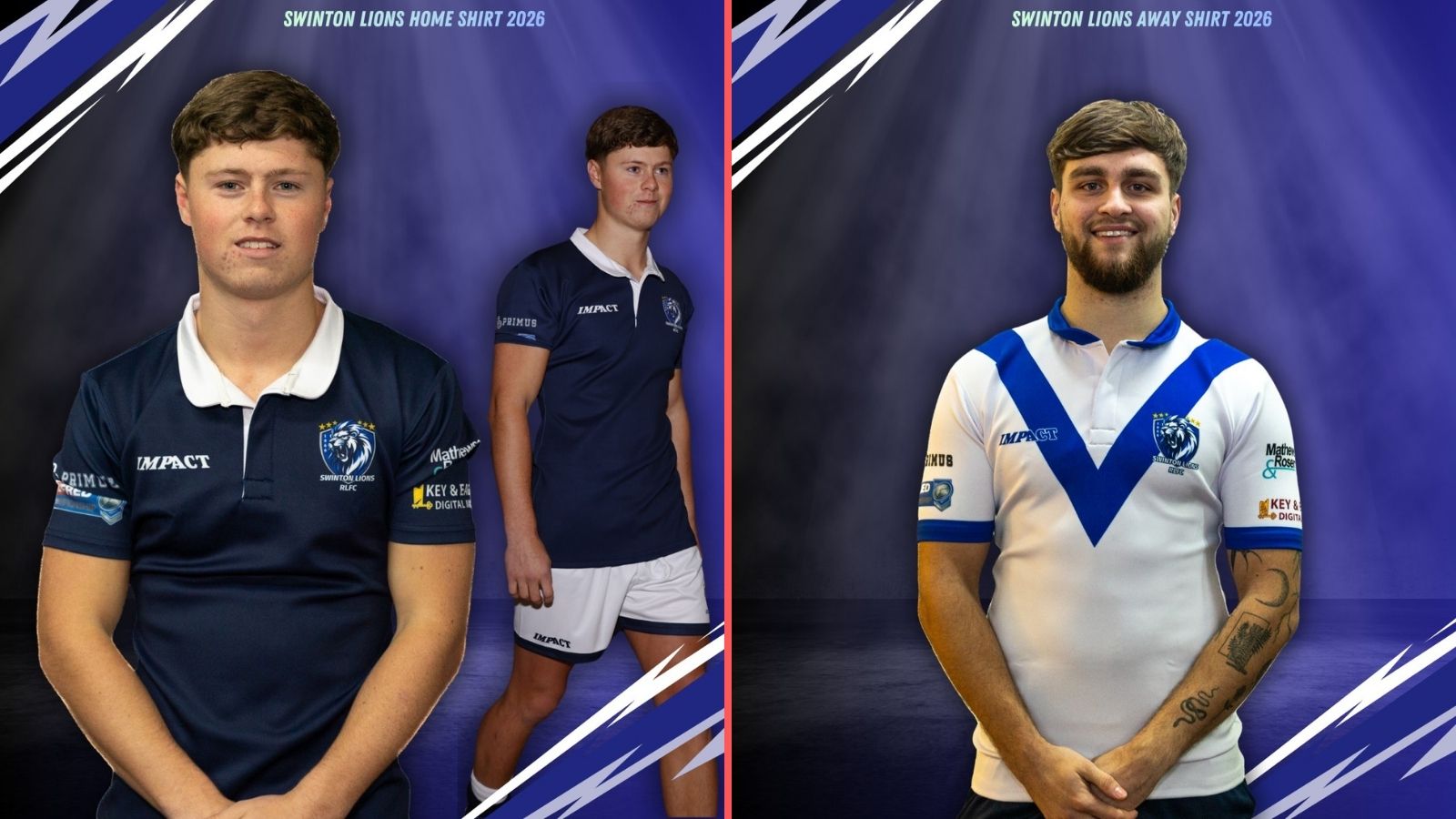 A split-screen of Swinton Lons players modelling their home and away kits for 2026