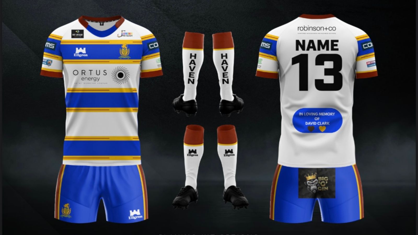 Whitehaven's home kit for 2026, with the front and back of the shirt, short and socks shown