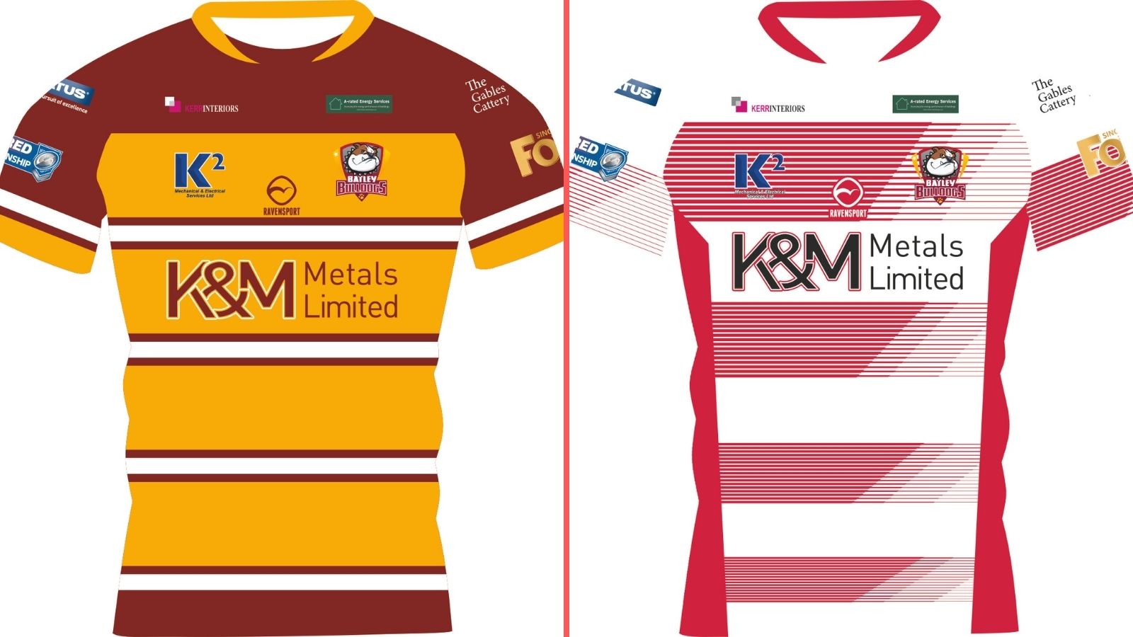 A split-screen image showing Batley Bulldogs' home and away kits for 2026