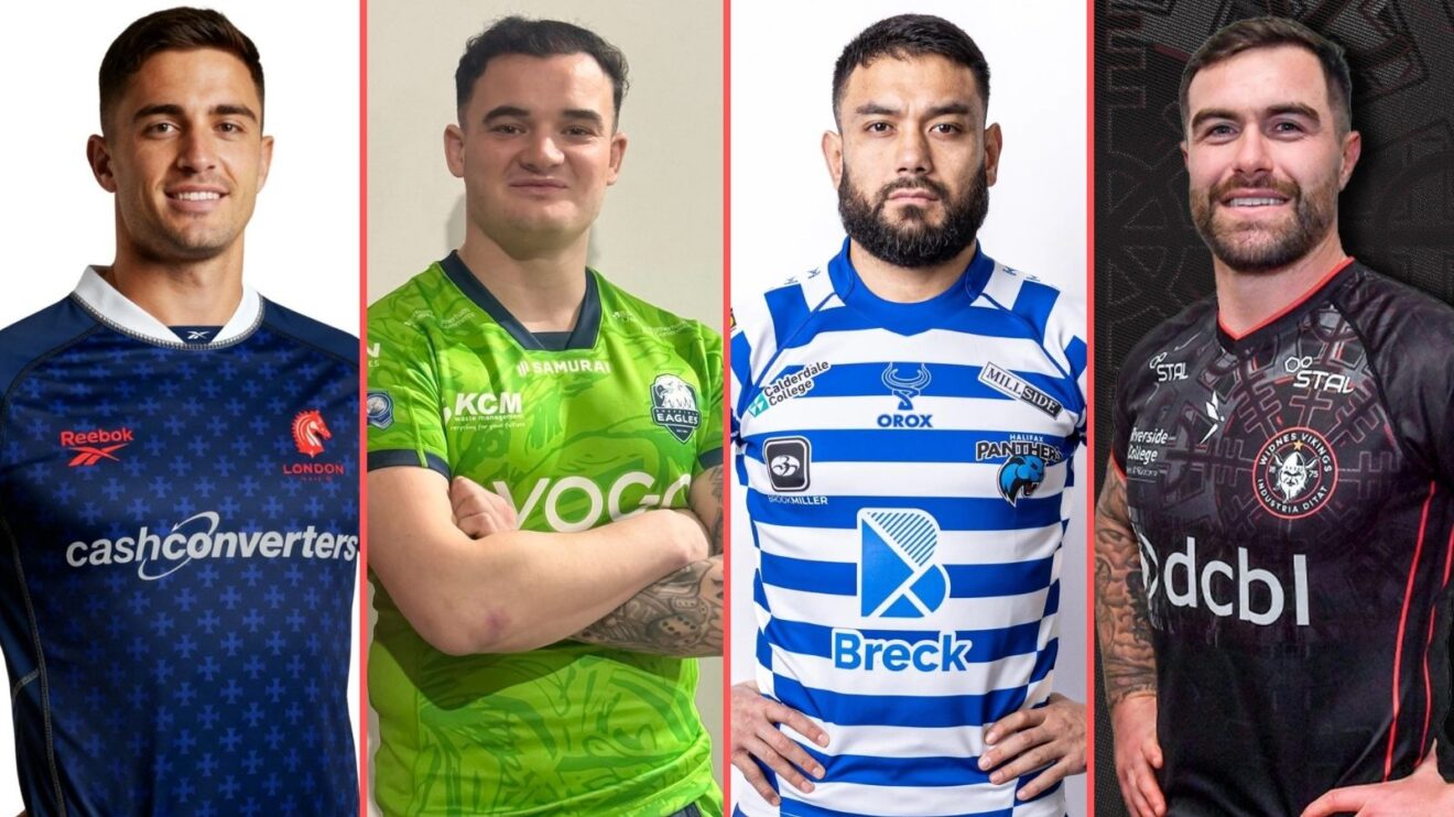 A four-way split-screen displaying the 2026 kits of Championship clubs London Broncos (Home), Sheffield Eagles (Away), Halifax Panthers (Home) and Widnes Vikings (Away)
