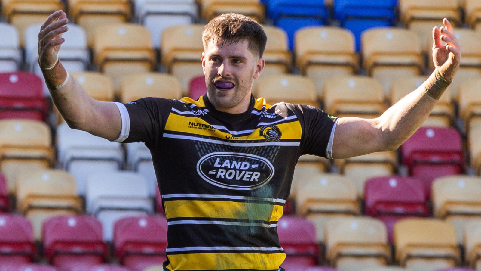 Scott Galeano celebrates a try for York in 2025