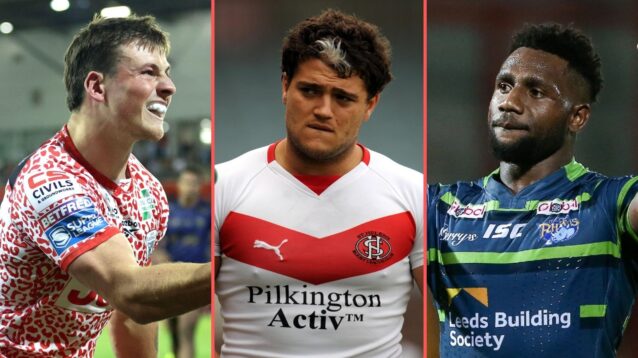 A three-way split-screen of AJ Towse, Sam Thompson and James Segeyaro playing for Leigh Leopards, St Helens and Leeds Rhinos respectively
