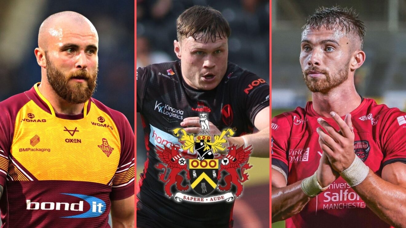 A three-way split-screen of Jake Bibby, Ben Davies and Jack Walker with the Oldham RLFC badge shown centrally over Davies' torso