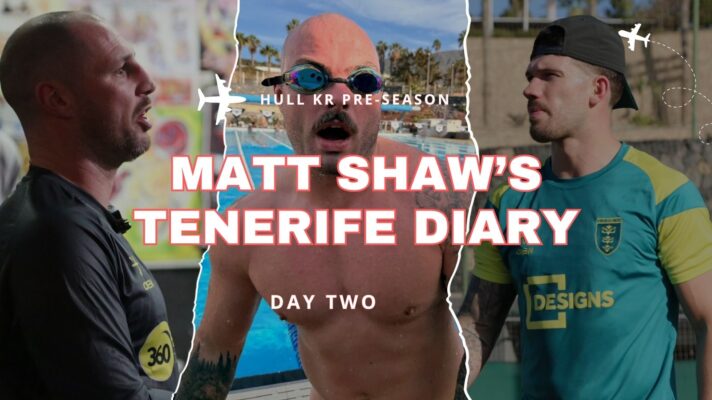Pictures of Tommy Coyle, Sam Luckley and Oliver Gildart in the background with a plane icon and text reading: 'Hull KR pre-season, Matt Shaw's Tenerife Diary, Day Two'