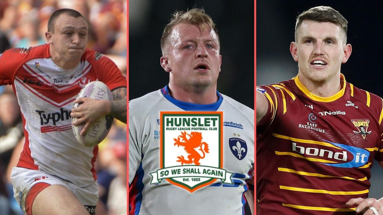 A three-way split-screen of Matty Dawson-Jones, Eddie Battye and Lee Gaskell with the Hunslet RLFC badge shown centrally over Battye's chest