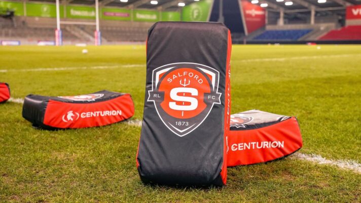 A Salford RLFC tackle bag pictured pitchside at the CorpArq Stadium ahead of a game in 2026