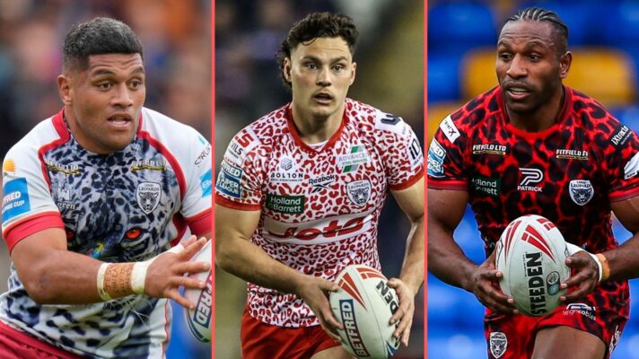 A three-way split-screen of John Asiata, Lachlan Lam and Edwin Ipape in action for Leigh Leopards