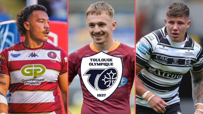 A three-way split-screen of Tyler Dupree, Olly Ashall-Bott and Joe Cator with the Toulouse Olympique badge shown centrally over Ashall-Bott's torso