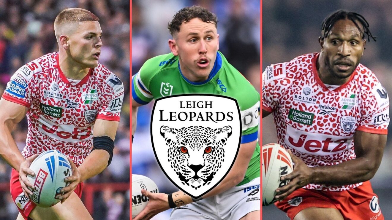 A three-way split-screen of Bailey Hodgson, Adam Cook and Edwin Ipape with the Leigh Leopards badge shown centrally across Cook's body