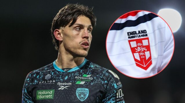 Owen Trout in action for Leigh Leopards in 2025 with an image of the England Rugby League badge overlayed in a circle to the right