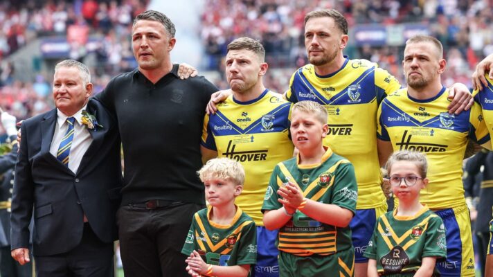 From left to right: Warrington Wolves chairman Stuart Middleton, head coach Sam Burgess, George Williams, Ben Currie and Matt Dufty line up at Wembley ahead of the 2025 Challenge Cup final