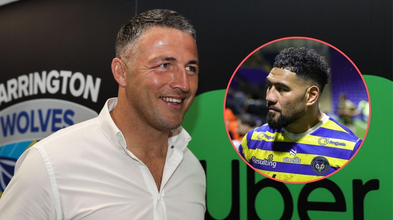 Sam Burgess all smiles looking right in the direction of a picture of Kelepi Tanginoa which has been overlayed in a circle