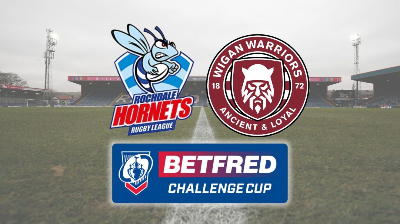 The Crown Oil Arena as the background with the badges of Rochdale Hornets and Wigan Warriors shown centrally above the Challenge Cup logo