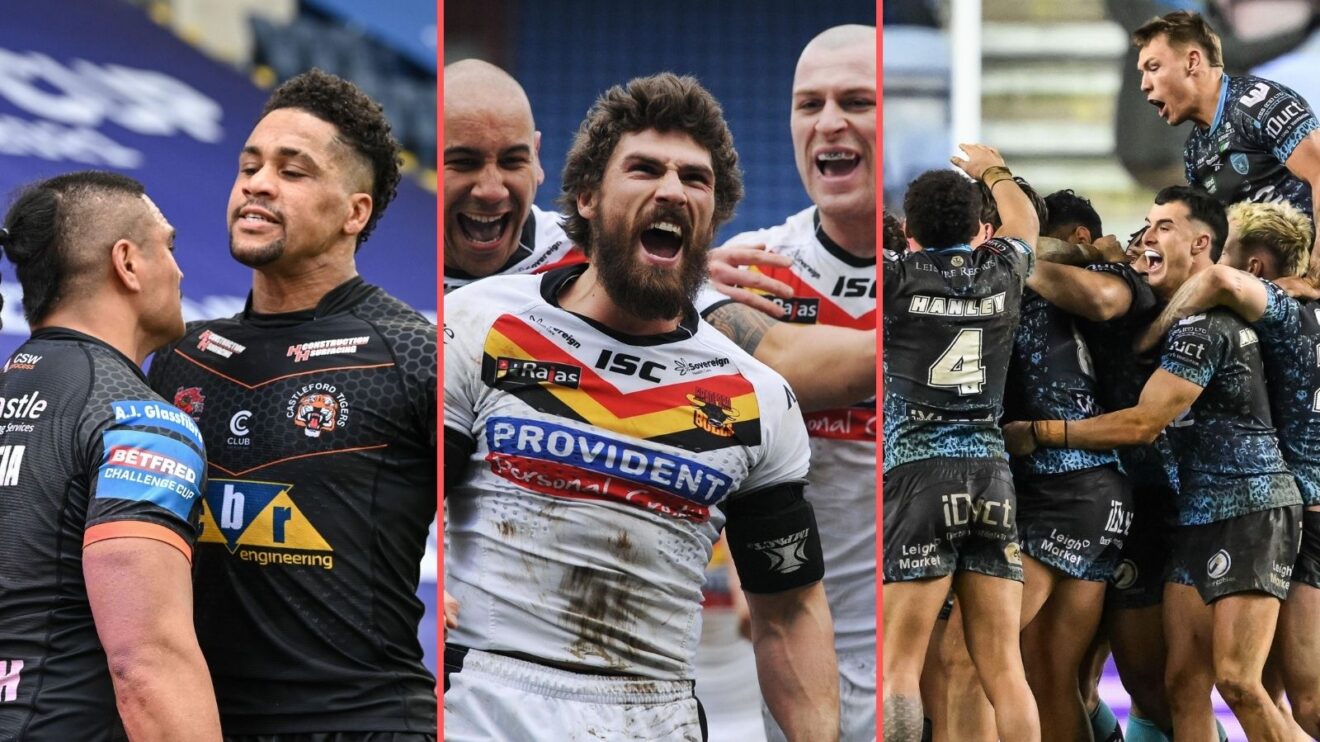 A three-way split screen of Castleford Tigers (2021), Bradford Bulls (2013) and Leigh Leopards (2025) celebrating victories