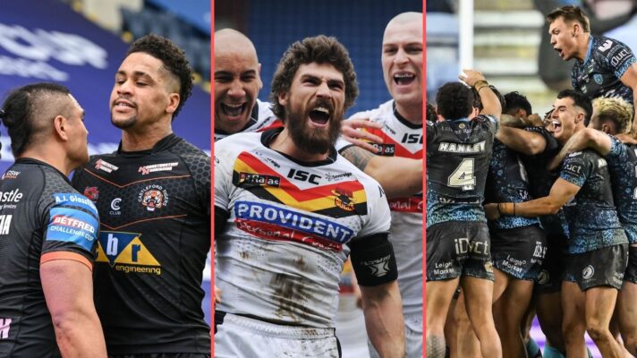A three-way split screen of Castleford Tigers (2021), Bradford Bulls (2013) and Leigh Leopards (2025) celebrating victories