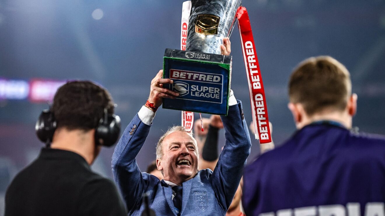 Hull KR owner Neil Hudgell holds aloft the Super League trophy following their Grand Final triumph in 2026