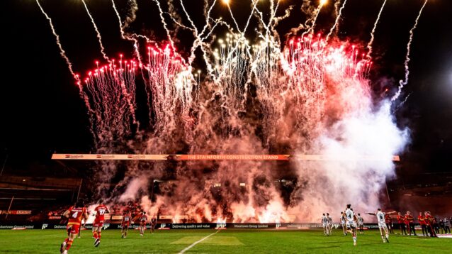 Fireworks are let off at Odsal ahead of Bradford Bulls' first home game of the 2026 Super League season against Catalans Dragons