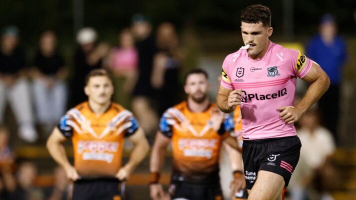 Nathan Cleary leaves the field having been sin-binned during Penrith Panthers' pre-season clash against Wests Tigers in 2026