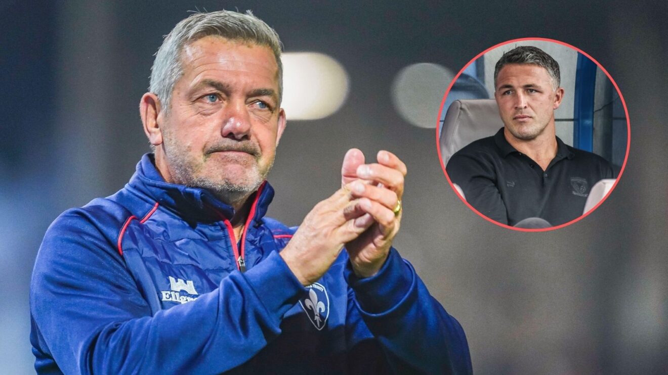 Wakefield Trinity head coach Daryl Powell clapping as he looks right towards an image of Warrington Wolves counterpart Sam Burgess overlayed in a circle