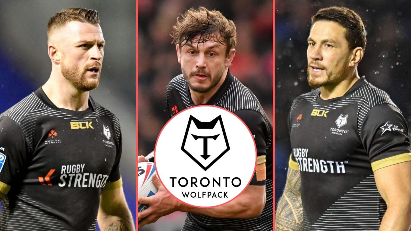 A three-way image of Adam Sidlow, Jon Wilkin and Sonny Bill Williams with the Toronto Wolfpack badge shown centrally in a circle over Wilkin's torso