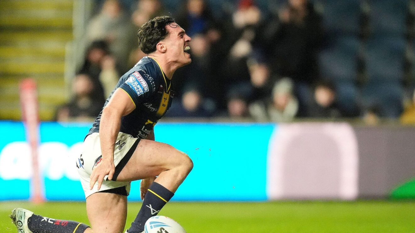 Brodie Croft celebrating a try for Leeds Rhinos in 2026