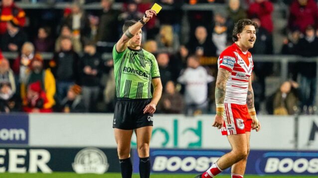 Joe Shorrocks is sent to the sin-bin by referee Jack Smith during St Helens' win over Bradford Bulls in Round 4 of the 2026 Super League season