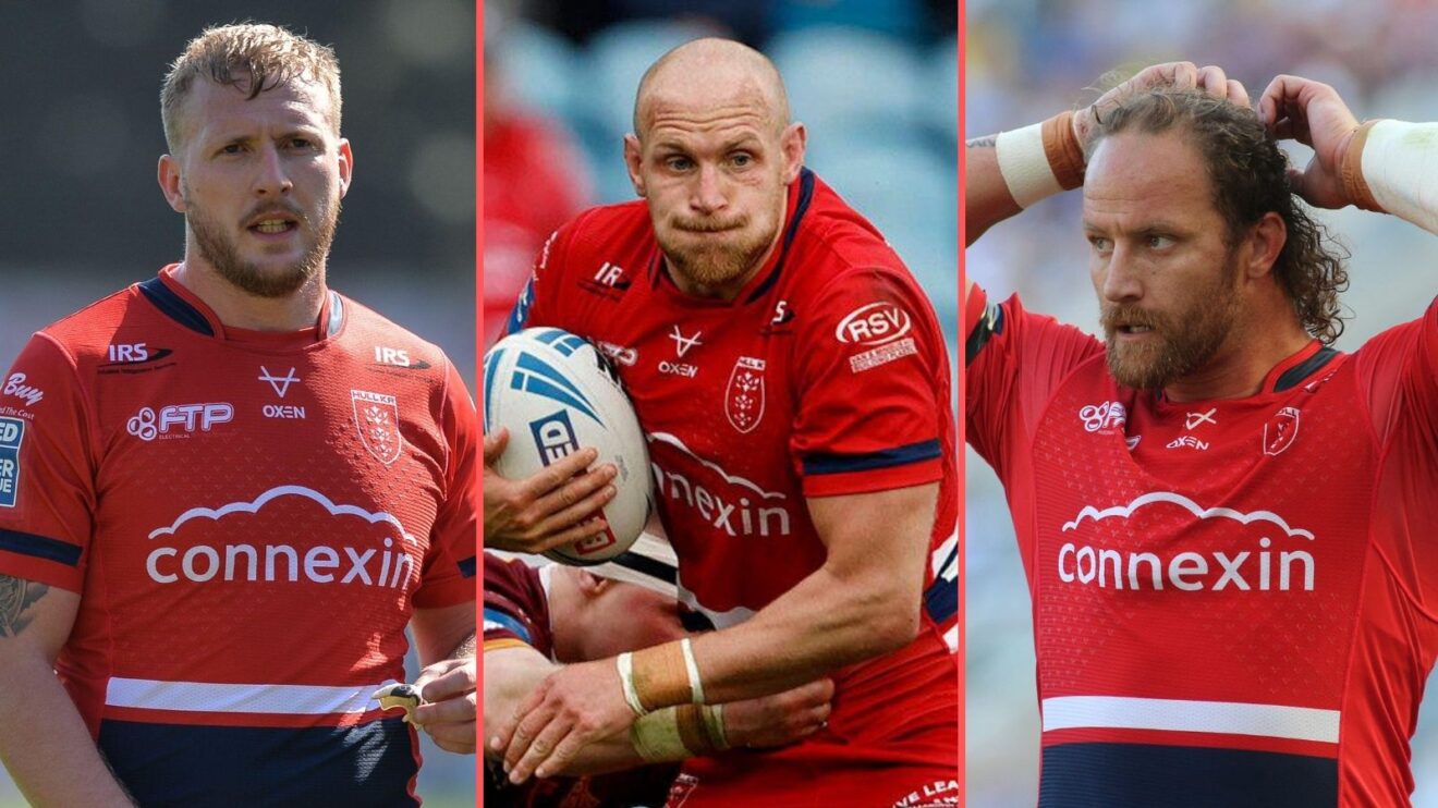 A three-panel image of Jordan Abdull, Dean Hadley and Korbin Sims in action for Hull KR in 2022