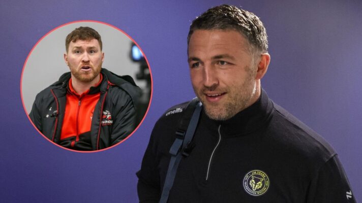 Warrington Wolves head coach Sam Burgess all smiles as he looks left towards an image of Goole Vikings boss Scott Taylor overlayed in a circle