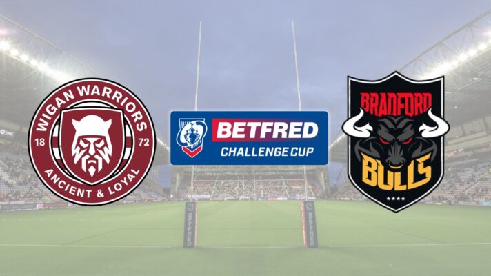 The badges of Wigan Warriors and Bradford Bulls placed either side of the Betfred Challenge Cup logo, overlaying a background image of The Brick Community Stadium