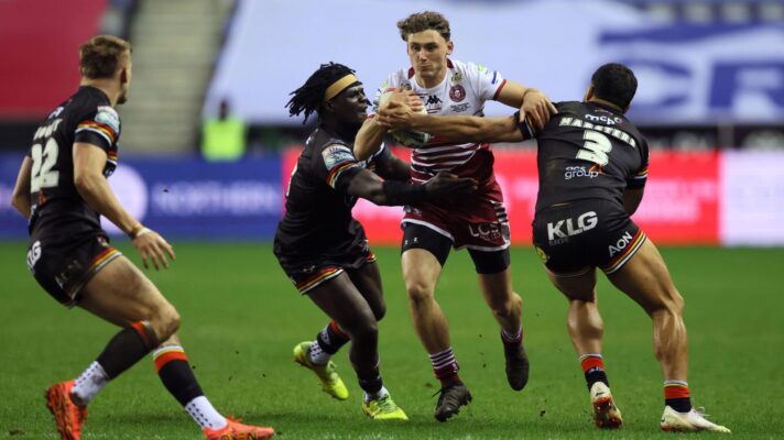 Noah Hodkinson in action on debut for Wigan Warriors against Bradford Bulls in 2026